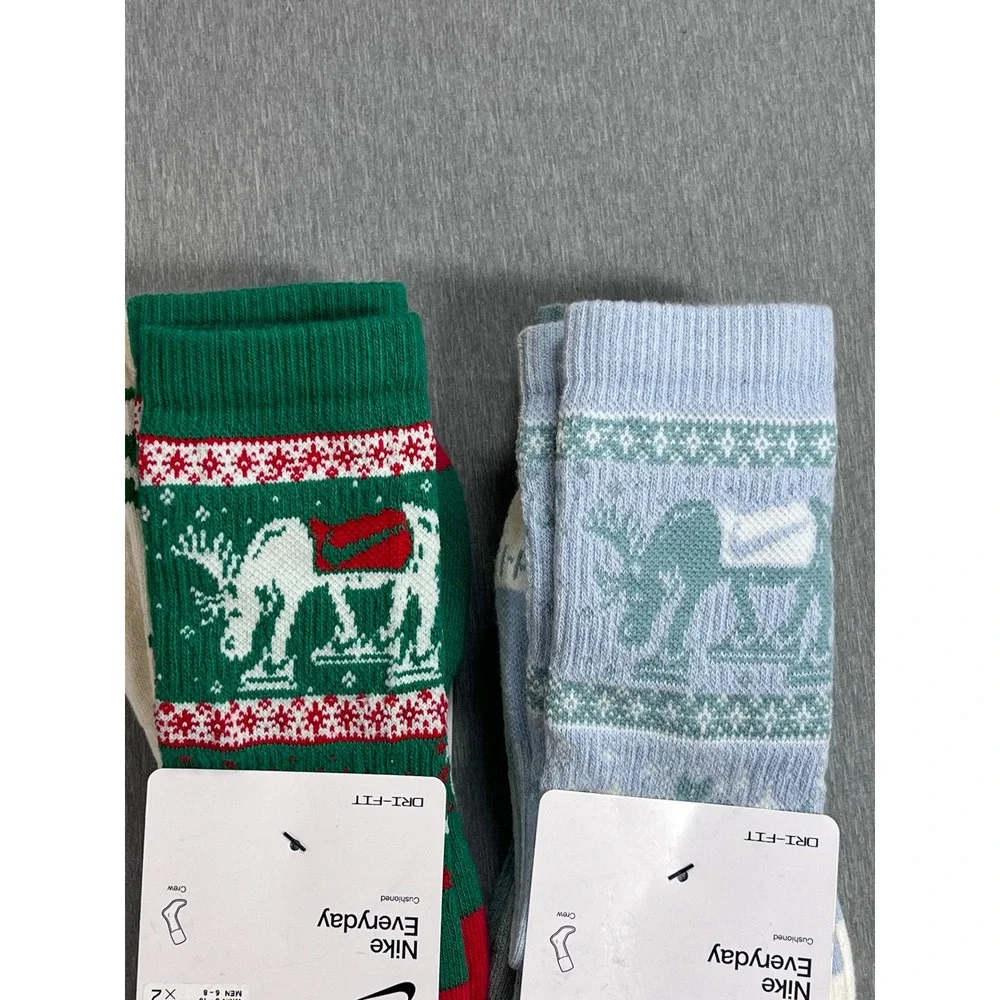 Nike‎ Everyday Cushioned Crew Socks 4 Pair Holiday Moose Fair Isle green blue
